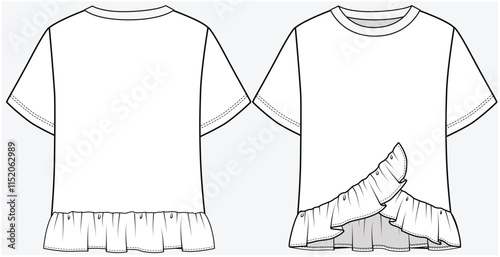 asymmetric, blouse, button, casual, casual wear, crew neck, crop top, design, drawing, fashion, fashion design, flat, flat sketch, flat sketches, flats, frill, girl fashion, girls, girls blouse, girls