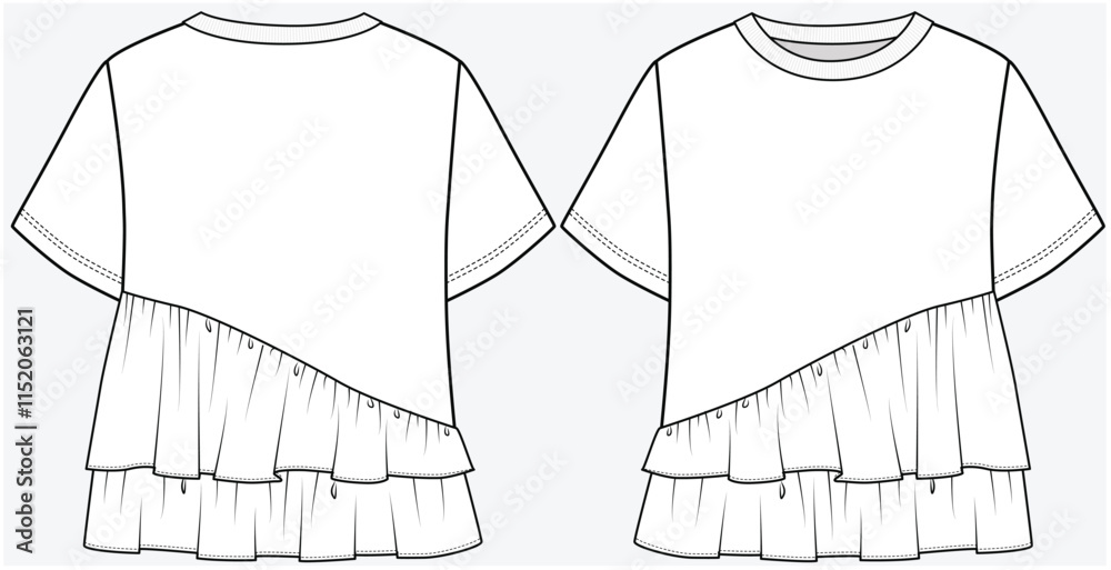 CREW NECK TEE WITH ASYMMETRIC LAYERED FRILL DESIGNED FOR YOUNG WOMEN AND TEEN GIRLS IN VECTOR FILE CREW NECK TEE WITH ASYMMETRIC LAYERED FRILL DESIGNED FOR YOUNG WOMEN AND TEEN GIRLS IN VECTOR FILE