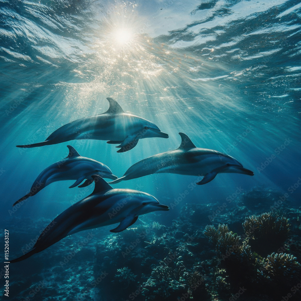 Graceful Dolphins Swimming Through Sunlit Waters in Vibrant Coral Reef Environment, Showcasing the Beauty of Marine Life and Underwater Ecosystem Graceful Dolphins Swimming Through Sunlit Waters in Vibrant Coral Reef Environment, Showcasing the Beauty of Marine Life and Underwater Ecosystem