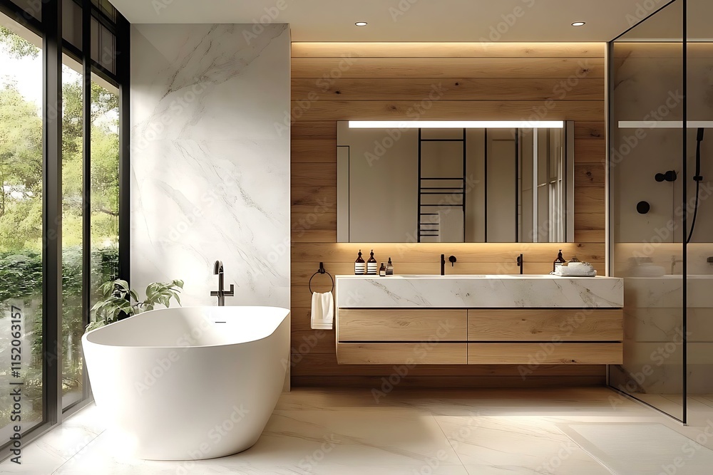 Fototapeta premium Modern Luxury Bathroom Design with Marble and Wood
