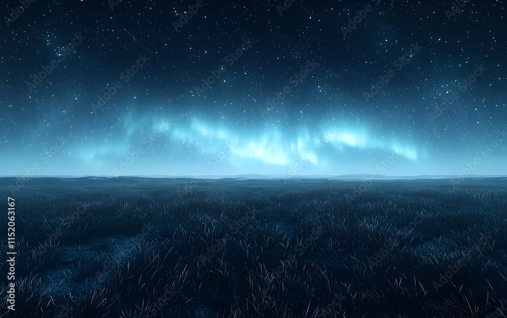 A serene landscape featuring a starry night sky illuminated by the soft glow of the aurora borealis over a vast, tranquil grassy field. A serene landscape featuring a starry night sky illuminated by the soft glow of the aurora borealis over a vast, tranquil grassy field.