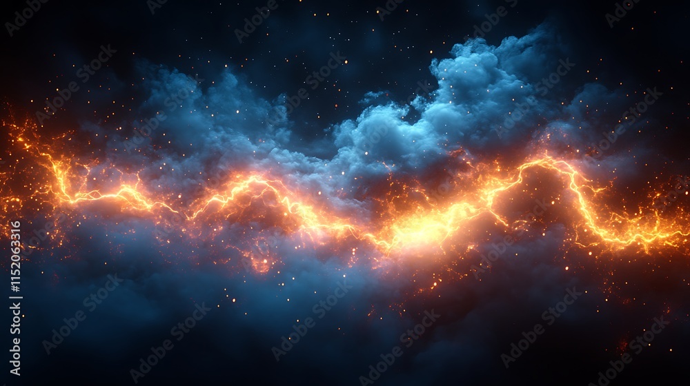 Fototapeta premium Glowing particles shape a lively dynamic wave against a dark canvas image