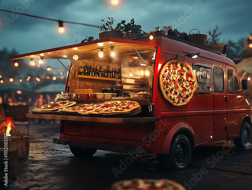 Red food truck serving pizza at a street food festival during night time