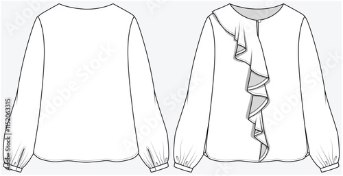 LONG SLEEVES TOP WITH ASYMMETRIC CASCADE DETAIL DESIGNED FOR YOUNG WOMEN AND TEEN GIRLS IN VECTOR FILE