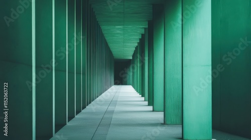 A long, narrow hallway with green walls and pillars