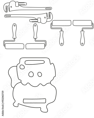 Air Pump, Paint Roller, Pipe wrench onstruction tools vector collection is a highly useful. Typically features a wide range of essential tools used in construction projects. 