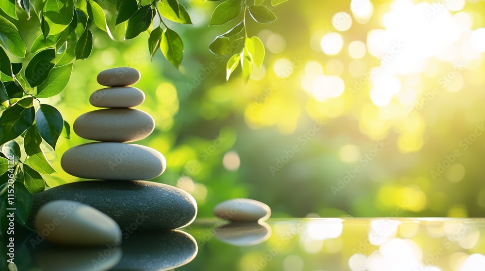 Obraz premium Serenity of Stacked Stones with Green Leaves and Sunlight