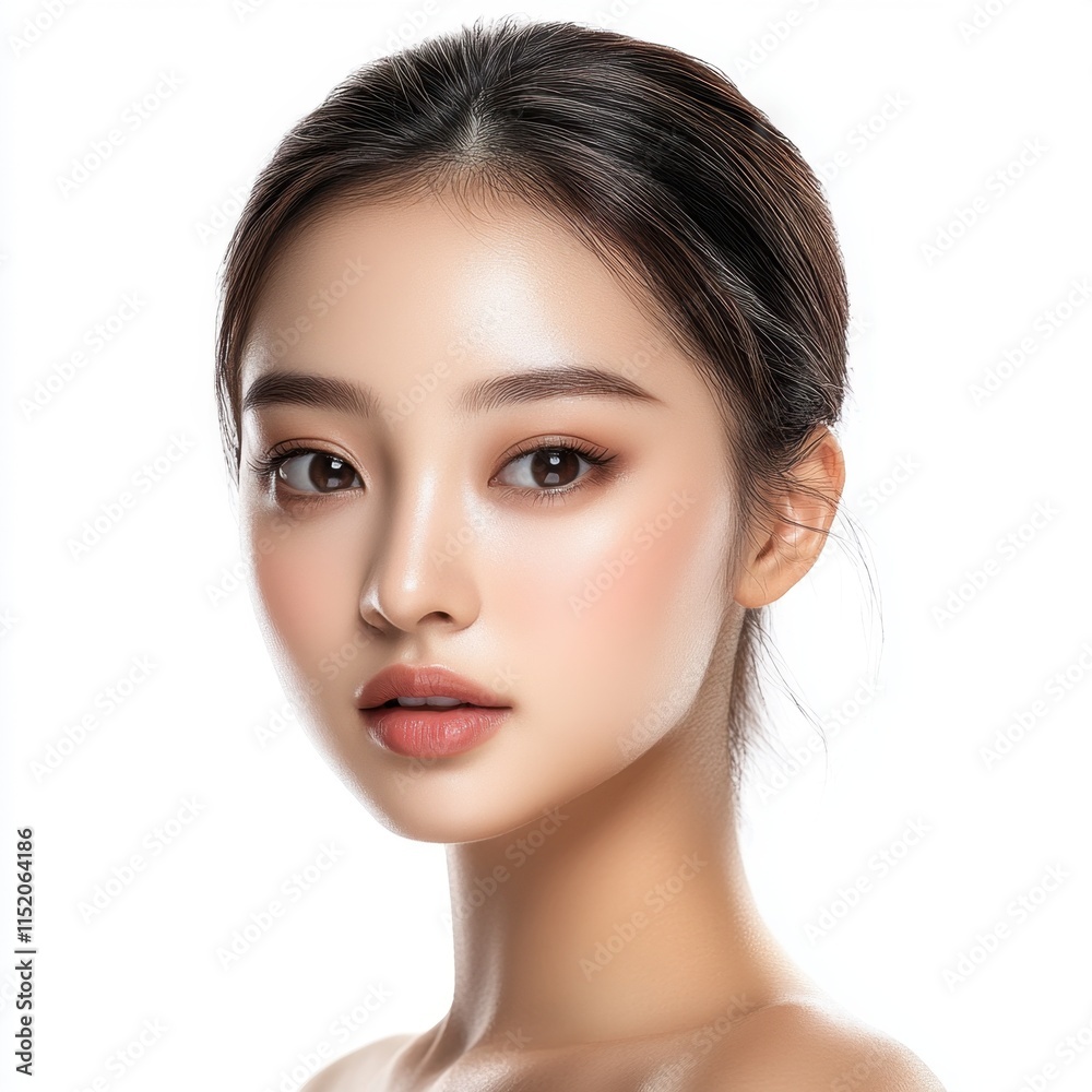 Fototapeta premium A close-up portrait of a young woman with flawless skin and delicate features, set against a clean white background.