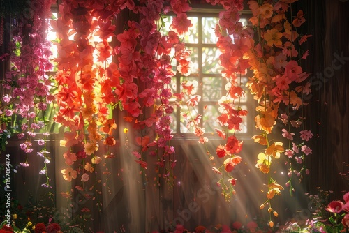 An enchanting room with vibrant flowers cascading from the ceiling in a variety of colors, their petals gently swaying in a soft breeze.