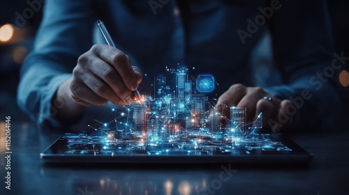 consultant hand drawing digital cityscape on tablet, showcasing innovation and technology