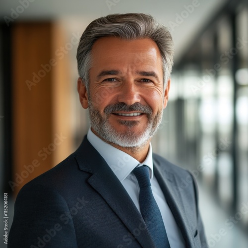 A portrait of a successful senior businessman consultant smiling confidently at the camera inside a modern office building. photo