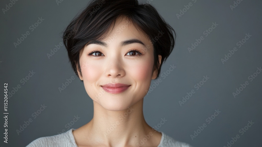 A portrait of an Asian woman with dark short hair, posing with a kind smile against a gray background. A portrait of an Asian woman with dark short hair, posing with a kind smile against a gray background.