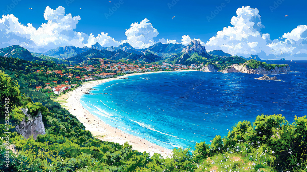 Naklejka premium Scenic coastal town, beach, turquoise sea, mountains.