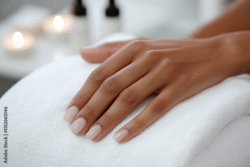 This image features elegantly manicured hands resting on a fluffy towel, highlighting a soothing and tranquil beauty experience in a spa-like environment. This image features elegantly manicured hands resting on a fluffy towel, highlighting a soothing and tranquil beauty experience in a spa-like environment.
