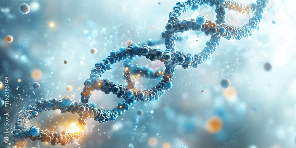 Dna strand rotating in a microscopic environment with atoms and molecules Dna strand rotating in a microscopic environment with atoms and molecules