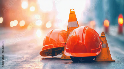 Construction helmets and cones indicate work zone, ensuring safety