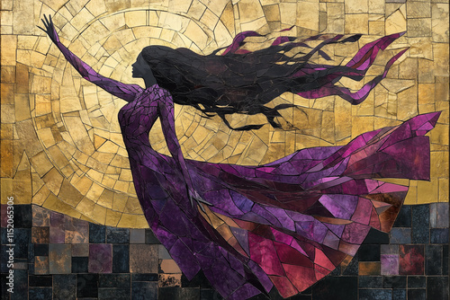 Mosaic artwork depicting woman reaching for golden light with flowing hair