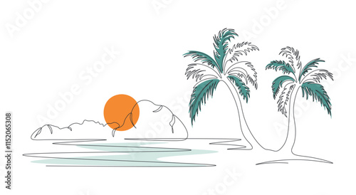 Tropical landscape drawing with one continuous line. Sea coast with palm tree and mountains. Single line oasis. Sunset on beach. Ocean lagoon. Linear drawing on white background. Vector illustration.