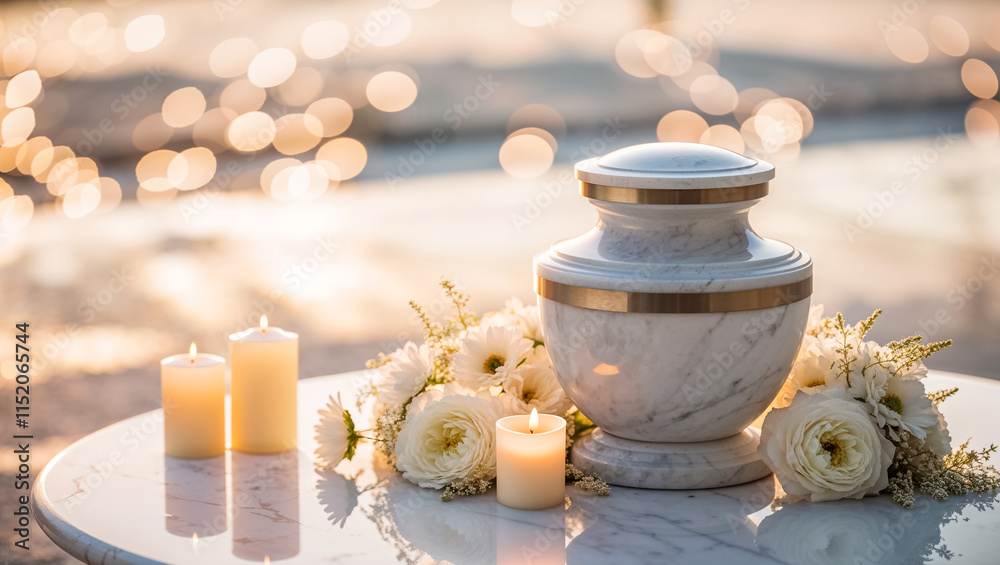 white urn for ashes, flowers, candles in nature white urn for ashes, flowers, candles in nature