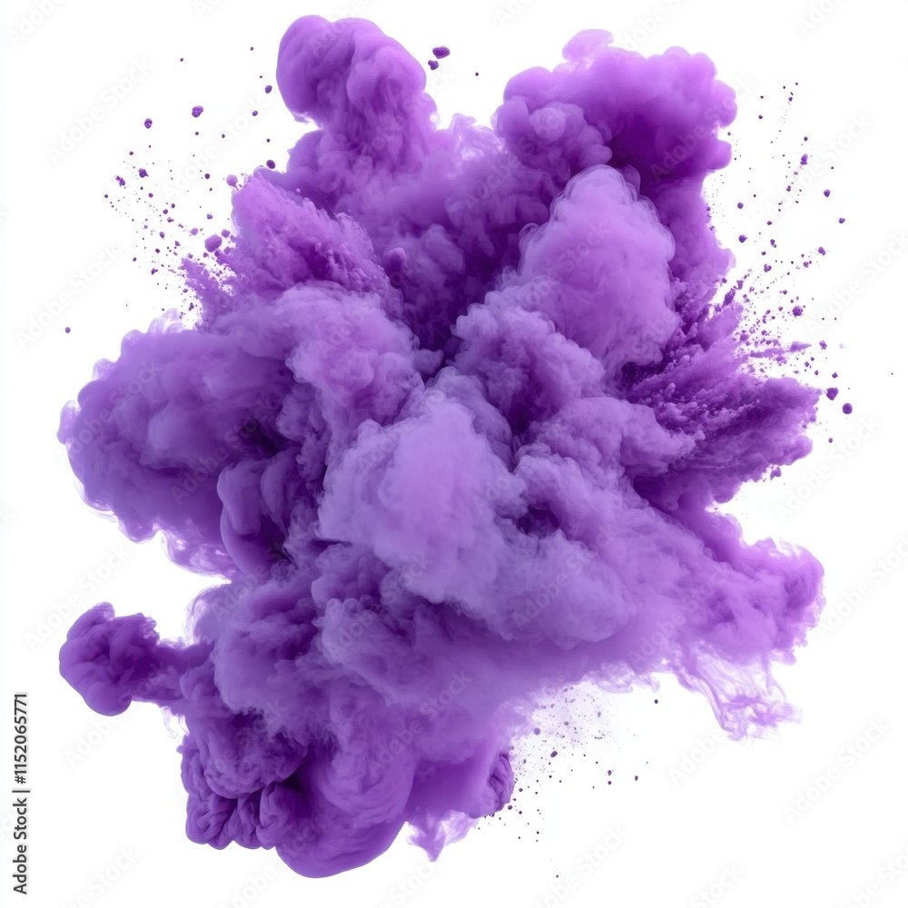 A purple color smoke explosion isolated on a transparent or white background in PNG format.