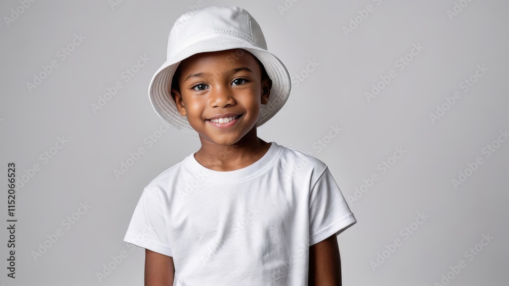 Little black boy wearing white t-shirt and white bucket hat isolated on grey background Little black boy wearing white t-shirt and white bucket hat isolated on grey background