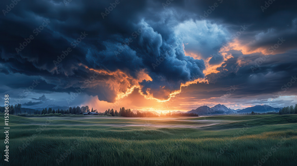 Fototapeta premium Dramatic sunset over grassy field with dark storm clouds and mountains
