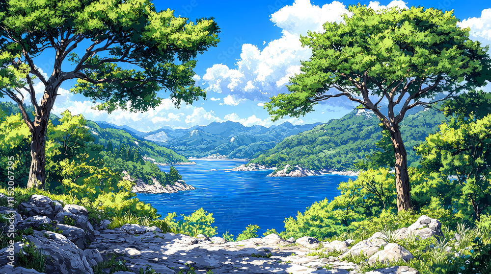 Naklejka premium Serene coastal vista, lush greenery, tranquil bay.