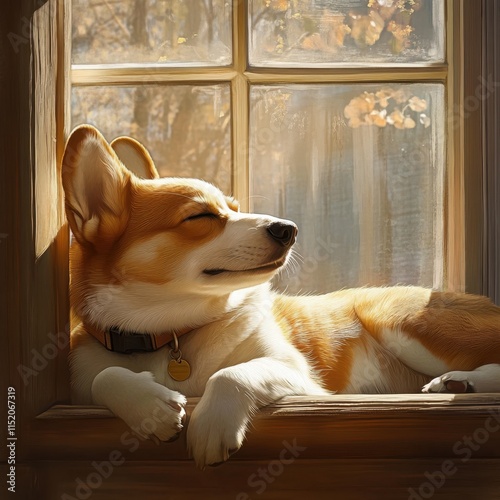 A relaxed corgi dog lying by the window, basking in the warm sunlight as it peacefully sleeps. photo