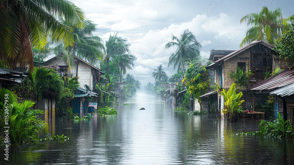 Obraz premium Monsoons bring seasonal flooding to tropical areas, showcasing submerged homes and lush greenery