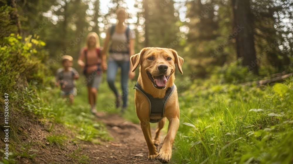 A family hiking on a lush green trail with their dog wearing a harness. A family hiking on a lush green trail with their dog wearing a harness.