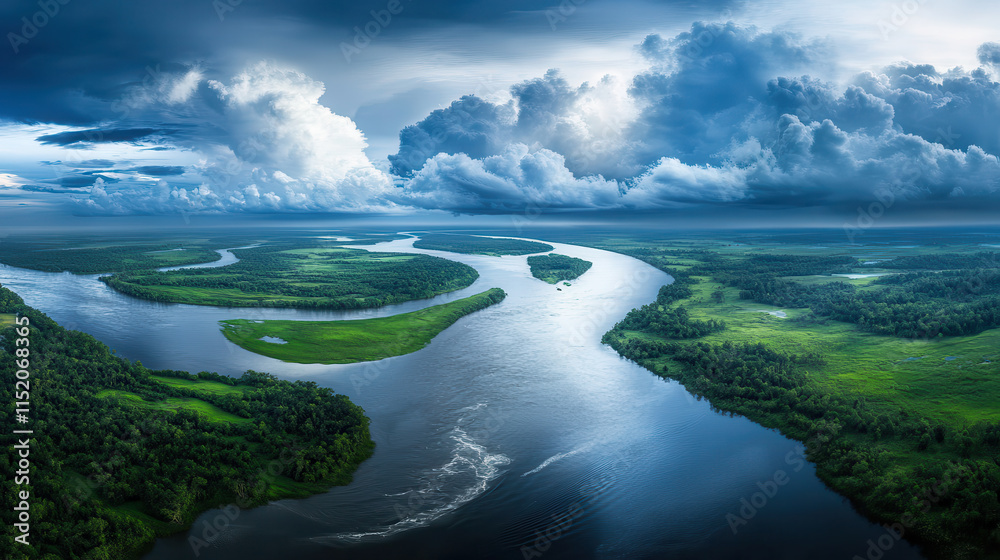 Majestic river delta landscape with lush greenery and dramatic clouds