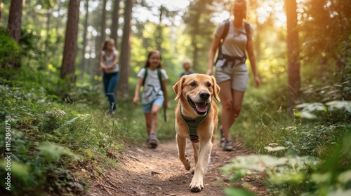 A family hiking on a lush green trail with their Golden retriever wearing a harness.