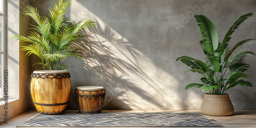 Sunlight illuminating exotic plants and djembe drums in a modern interior design