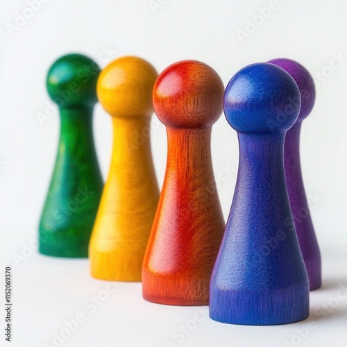 A row of colorful wooden pawns representing economic diversity and inclusion, each in a different hue to symbolize various roles and contributions within the economic landscape. photo