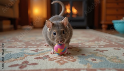 A rat is playing with a colorful ball on a patterned rug in a cozy room with a fireplace in the background. The scene is warm and inviting, highlighting the playful nature of the rat
