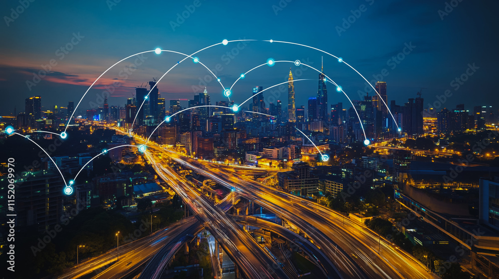 Naklejka premium Smart digital city with connection cyber security network reciprocity over the cityscape . future smart wireless digital city and social media networking systems that connects people within the city