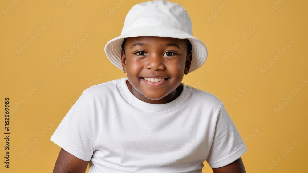Little black boy wearing white t-shirt and white bucket hat isolated on yellow background Little black boy wearing white t-shirt and white bucket hat isolated on yellow background