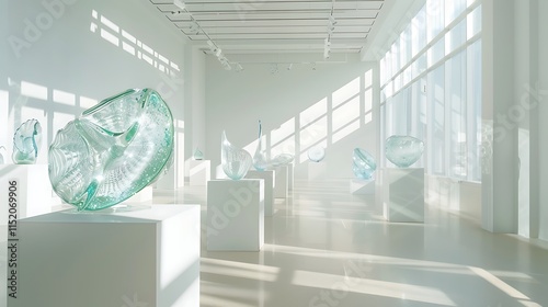 A bright and airy gallery with intricate glass sculptures on minimalist white pedestals, the sunlight from large windows highlighting the delicate craftsmanship of the pieces. photo