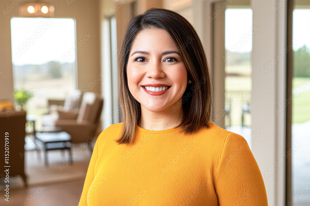 Empowered woman smiling in modern living room home portrait bright atmosphere Empowered woman smiling in modern living room home portrait bright atmosphere