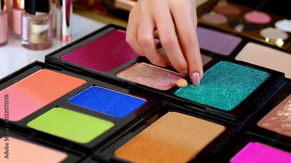 Exploring Vibrant Colors in Makeup Palettes During a Creative Beauty Session at a Well-Lit Studio