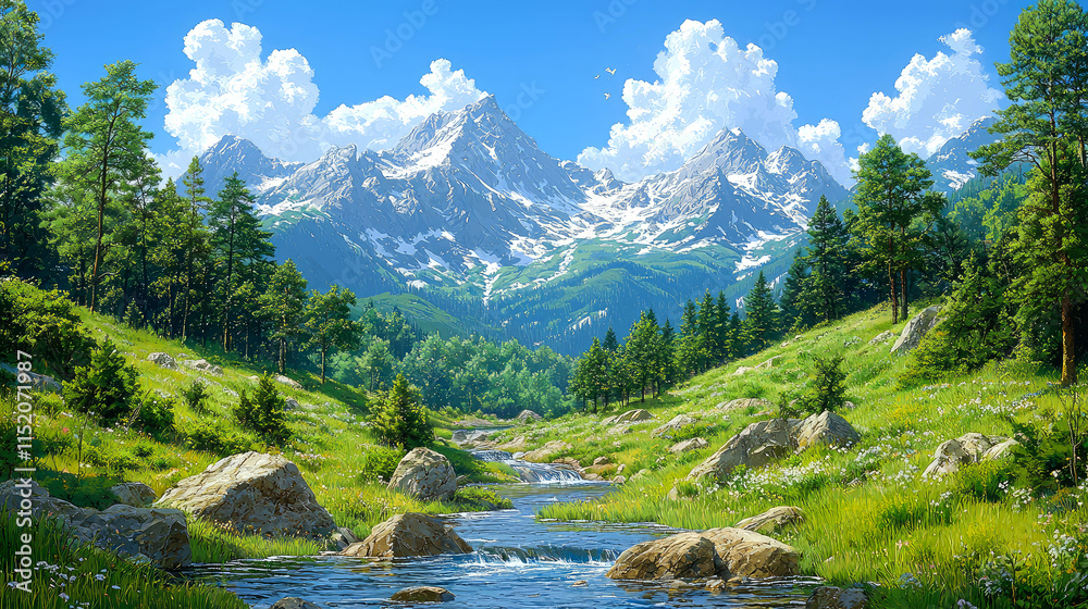 Fototapeta premium Serene mountain valley stream.