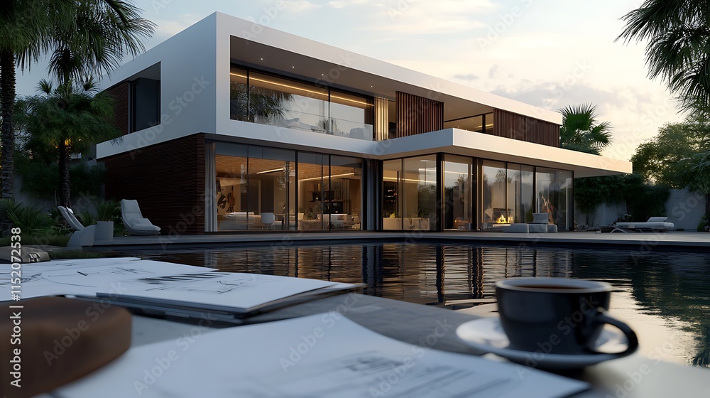 Fototapeta premium Modern villa by a pool during sunset, showcasing architecture and leisure.