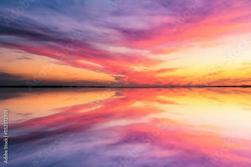 Tranquil Gradient Sky Reflection: Vibrant Purple, Pink, Orange, Yellow Horizon on Calm Water