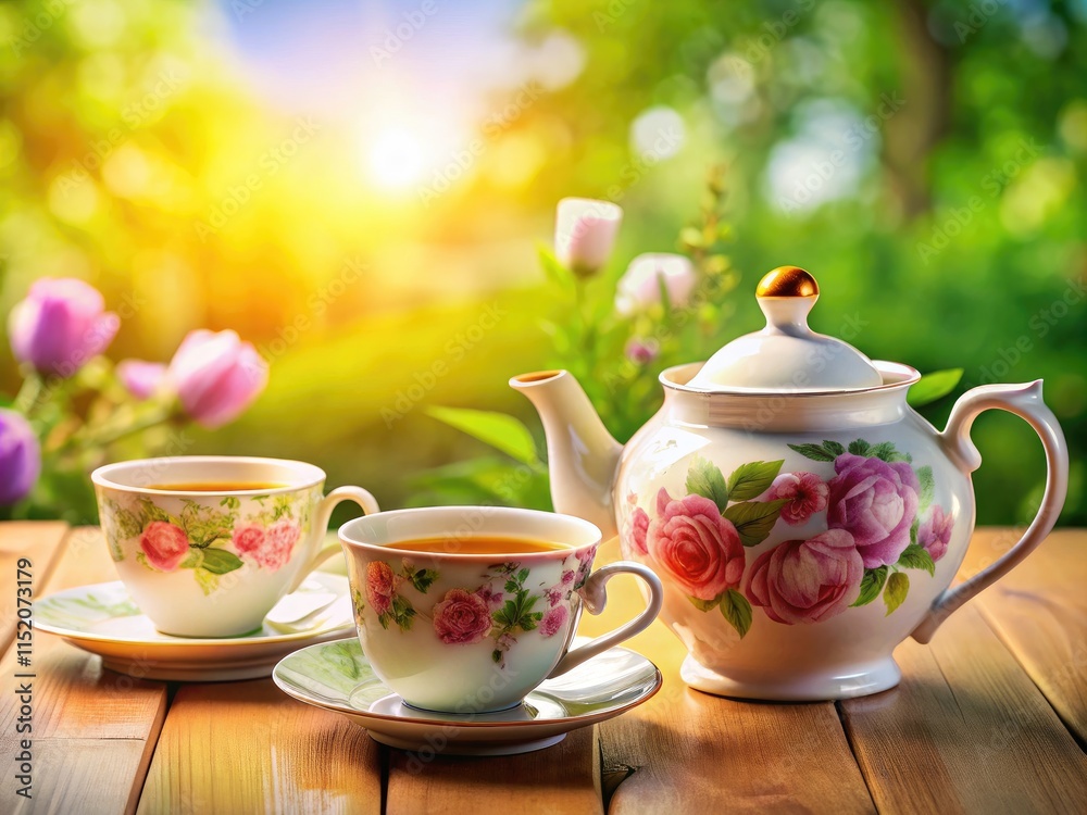 Fototapeta premium Elegant teacups and teapots create a beautiful setting for a vintage tea party or tranquil tea ceremony.