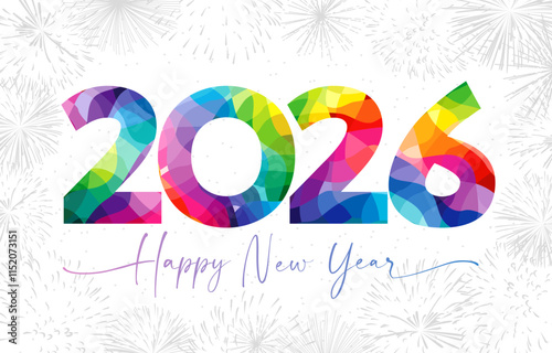 Happy New Year 2026 cute greeting card with stained-glass style bright number 2 0 2 6, beautiful cursive and white backdrop. Social media greetings. Network timeline stories. Postcard design.