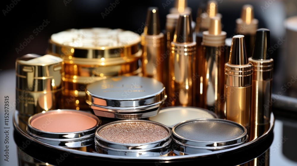 Obraz premium Luxury Gold Cosmetics Collection: Makeup Products Display