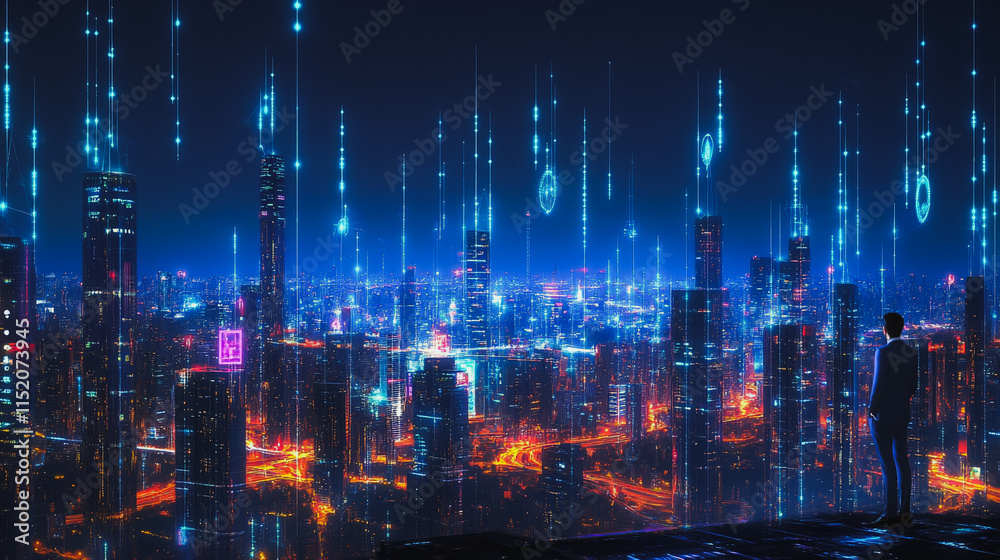 Smart digital city with connection cyber security network reciprocity over the cityscape . future smart wireless digital city and social media networking systems that connects people within the city Smart digital city with connection cyber security network reciprocity over the cityscape . future smart wireless digital city and social media networking systems that connects people within the city