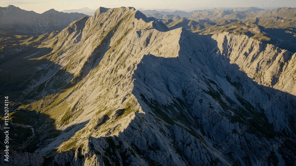 Fototapeta premium Majestic mountain range at sunset, showcasing rugged peaks and deep valleys.