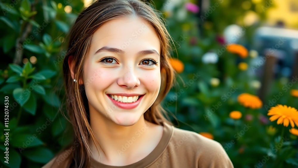 Young woman smiling outdoors in a natural setting. Young woman smiling outdoors in a natural setting.