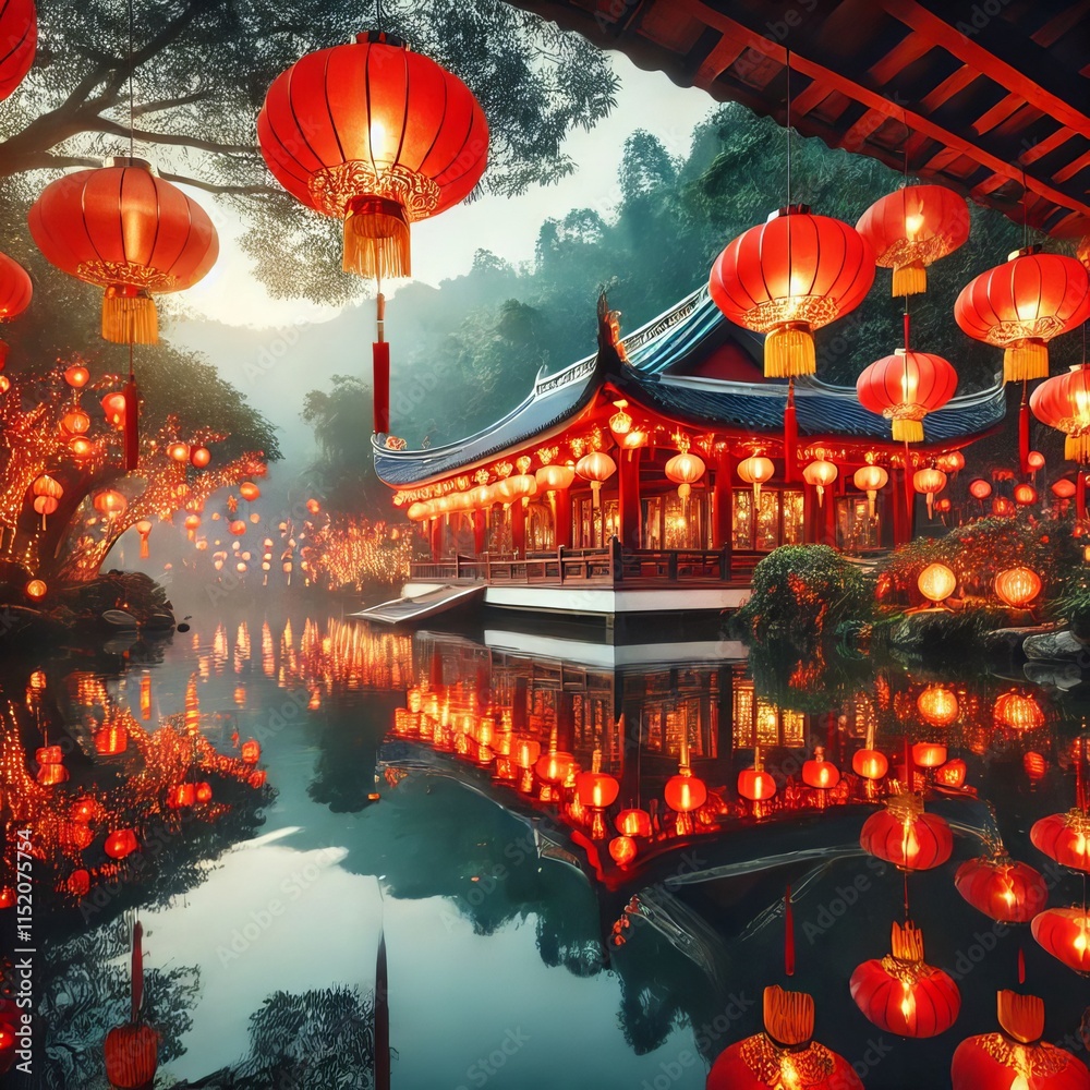 Chinese New Year celebrations with red lanterns hanging from trees and reflecting in the calm water.
Chinese New Year celebrations with red lanterns hanging from trees and reflecting in the calm water.